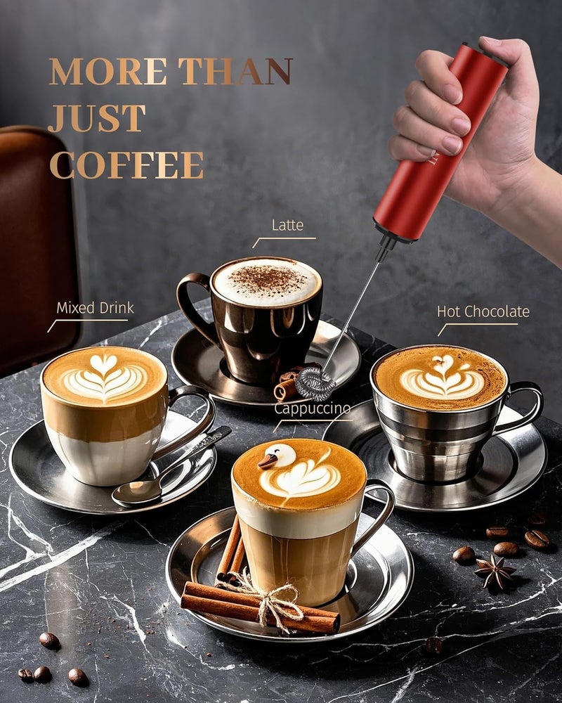 INFOOD Milk Frother Rechargeable with Cover - Coffee Frother Wand, Drink Mixer Handheld with 2 Detachable Stainless Whisks 2 Speed Adjustable for Latte, Cappuccino, Hot Chocolate, Egg, Red - Image 3